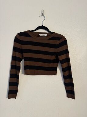 Zara Brown & Black Striped Long Sleeve Cropped Top